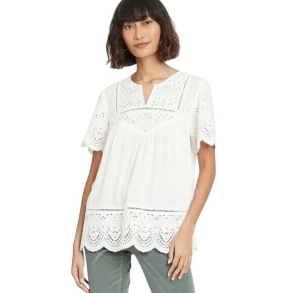 Knox Rose Blouse Size XXL Eyelet Embroidered Short Sleeve Top XXL White Bohemian - Picture 1 of 9